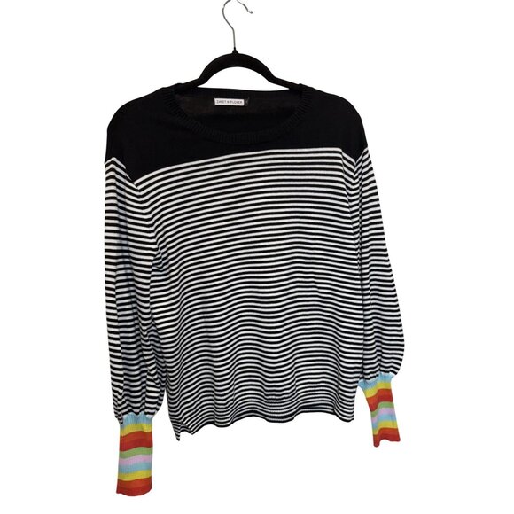 Zaket & Plover Breton Stripe Sweater Rainbow Cuffs Black White Knit Size Small - Picture 2 of 6